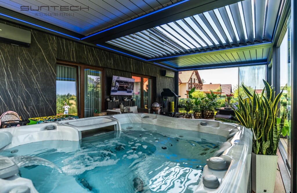 pergola tarasowa, pergola ogrodowa, pergole, zadaszenie tarasu, patio, ogród zimowy, rozsuwany dach, pergola aluminiowa, suntech, inteligentne pergole suntech